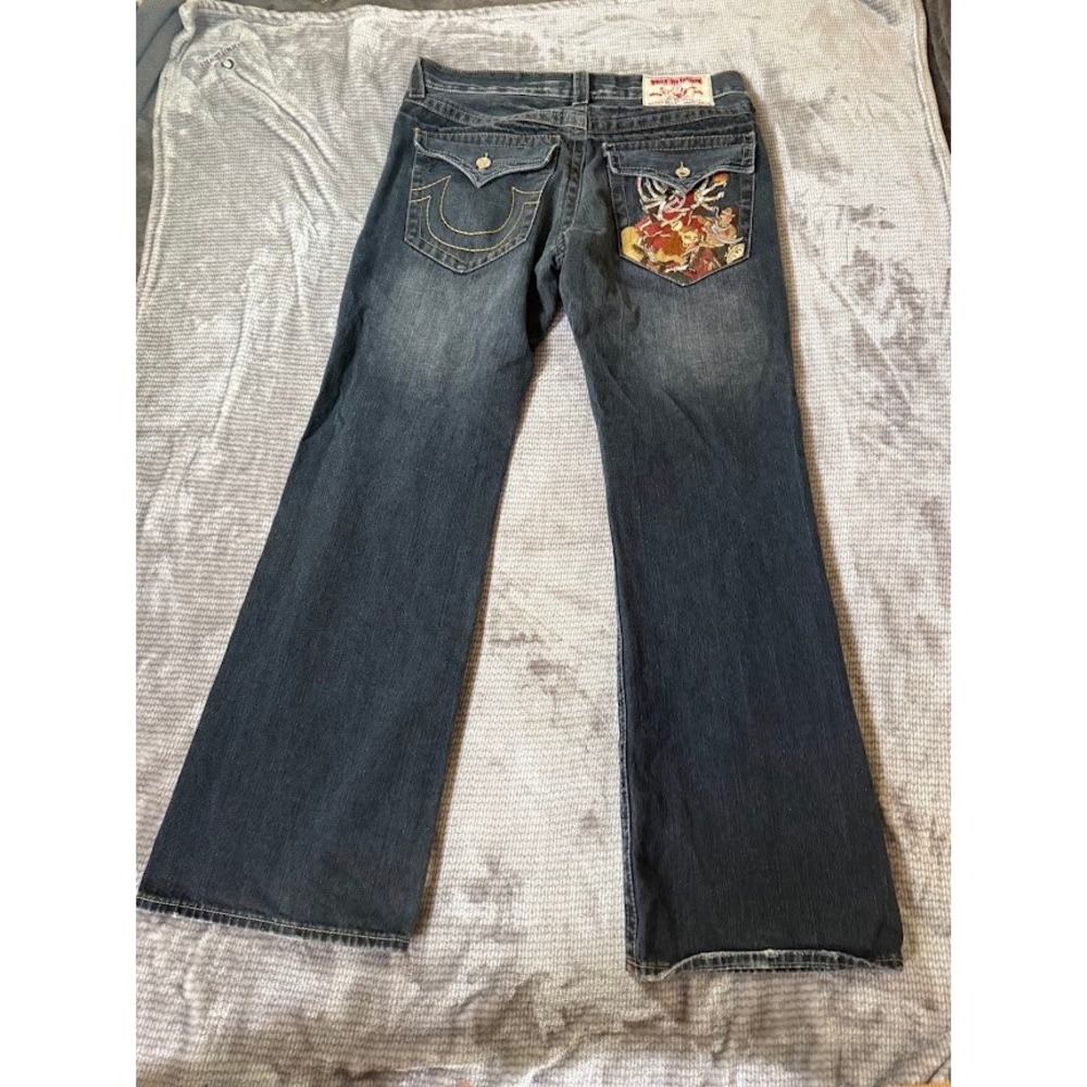 True Religion Billy Bootcut Jeans Mens 36x32 Dark Wash Embroidered Lion Durga.